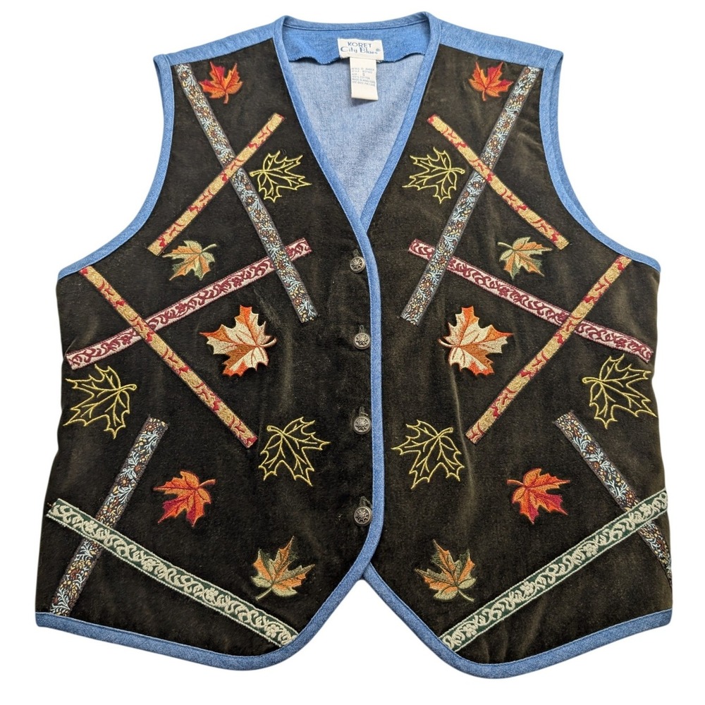 Vintage Koret City Blues Vest Womens S Green Blue‎ Good Maple Leaf Velvet Denim